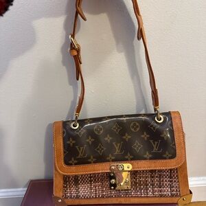 Elegant Monogram Shoulder Bag in Brown and Tan- Vinyl and Tweed